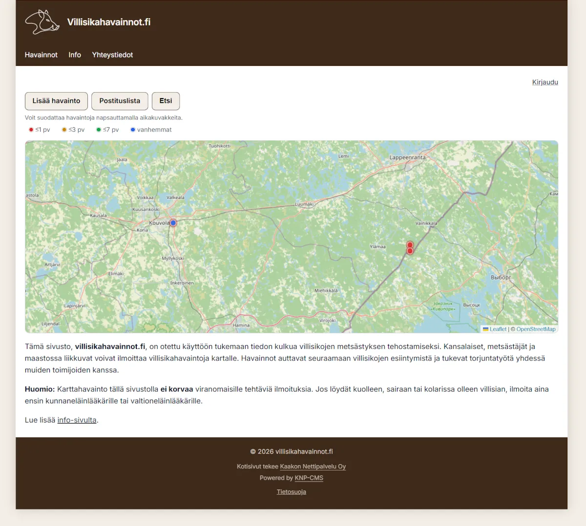 Villisikahavainnot.fi – havaintojärjestelmän etusivu